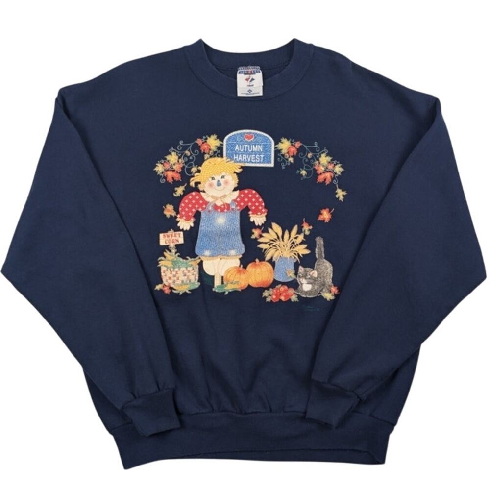 Vintage Autumn Fall Harvest Scarecrow Pumpkin Cat Orchard Navy Crewneck Size XL